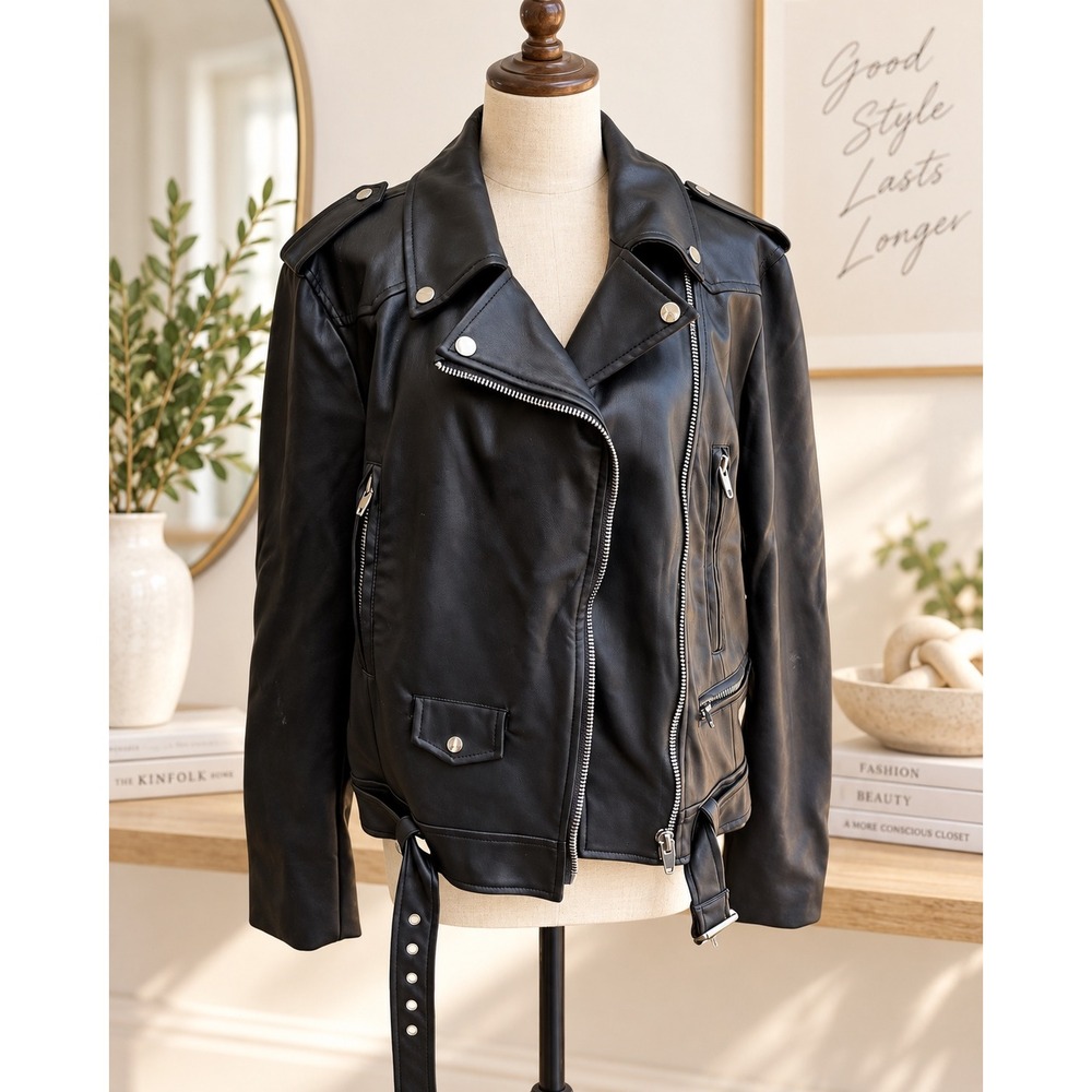 Black Faux Leather Moto Jacket Asymmetrical Zip Belted Biker Coat Silver Tone